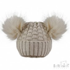 H670-BI: Biscuit Checked Hat w/Pom Poms (0-12m)